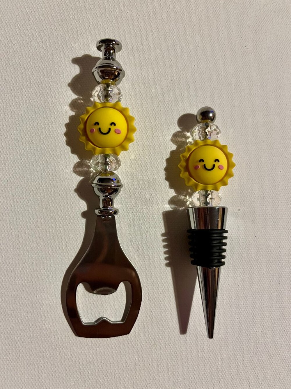 Wine Stopper/Bottle Opener Set Featuring Happyface Suns w/Clear Sparkly Accents